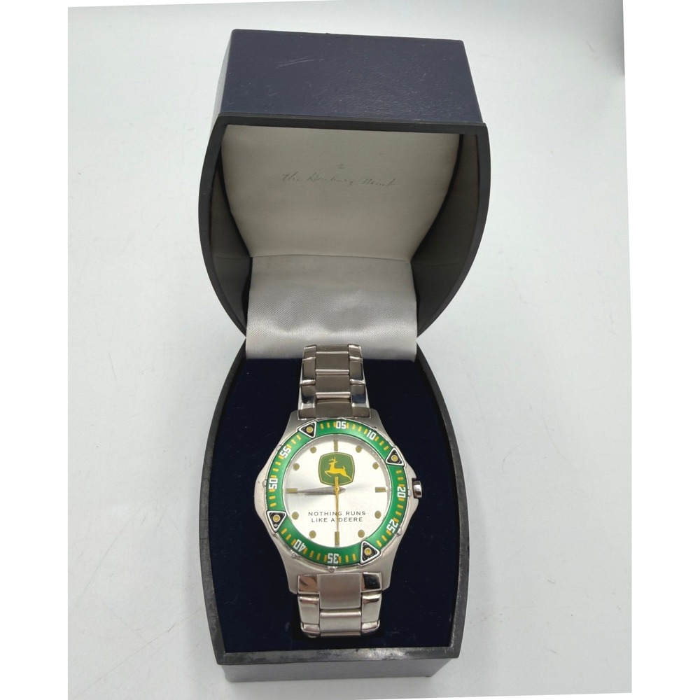 John Deere Watch Mens Silver Stainless Steel Green Bezel Japan Quartz Licensed